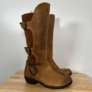 Moto Tan Leather Tall Buckle Boots Fly London Suede Side Zip 39 8-8.5